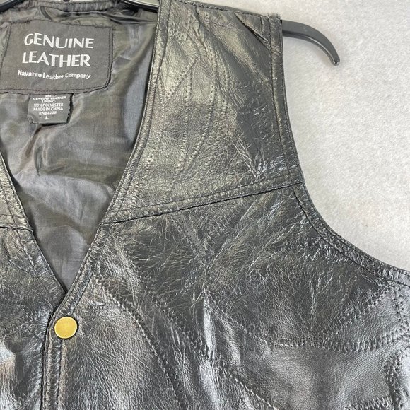 NWOT NAVARRE LEATHER CO Mens L Black Leather Motorcycle Biker Snap Up Vest - Picture 2 of 10